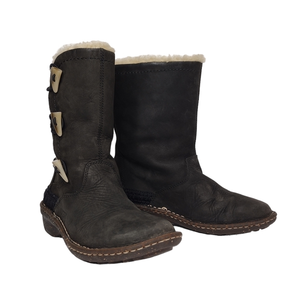 Ugg Australia Kona Leather Faux Bone Toggle Wool Lined Fall Winter Boots Sz 5